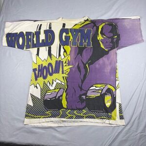 Vintage World Gym AOP T-Shirt Mens Large Purple Comic Bodybuilder 90s Ritz